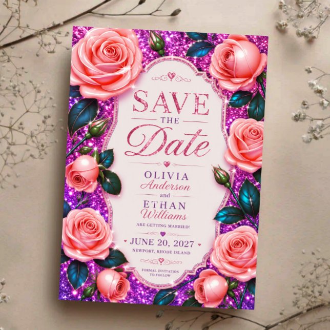 Sparkling Pink Glitter Rose Save The Date (Creator Uploaded)