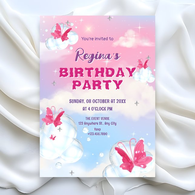 Sparkling pink purple clouds butterfly birthday invitation (Creator Uploaded)