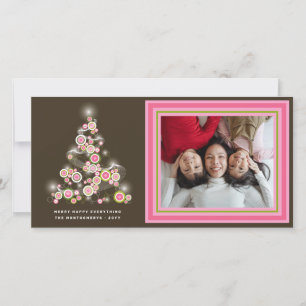 Sparkling Pink Retro Circles Christmas Tree Photo Holiday Card