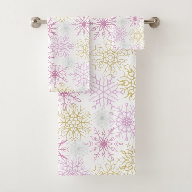Sparkling Pink Snowflakes Bath Towel Set (Insitu)
