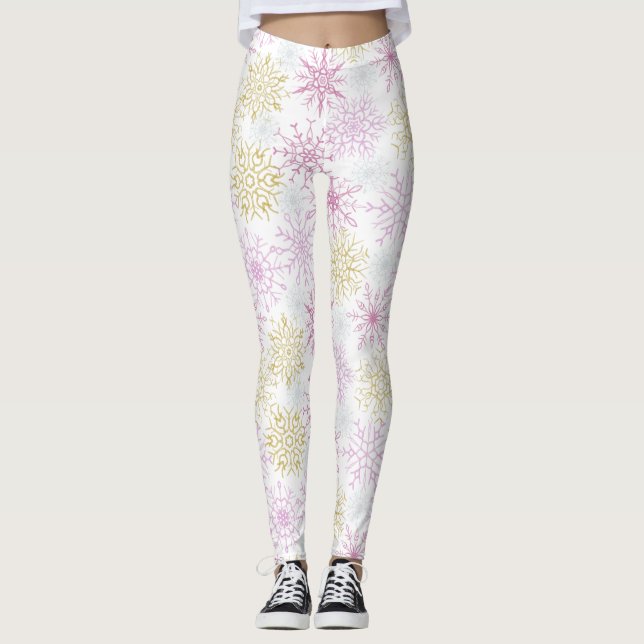 Sparkling Pink Snowflakes Leggings (Front)