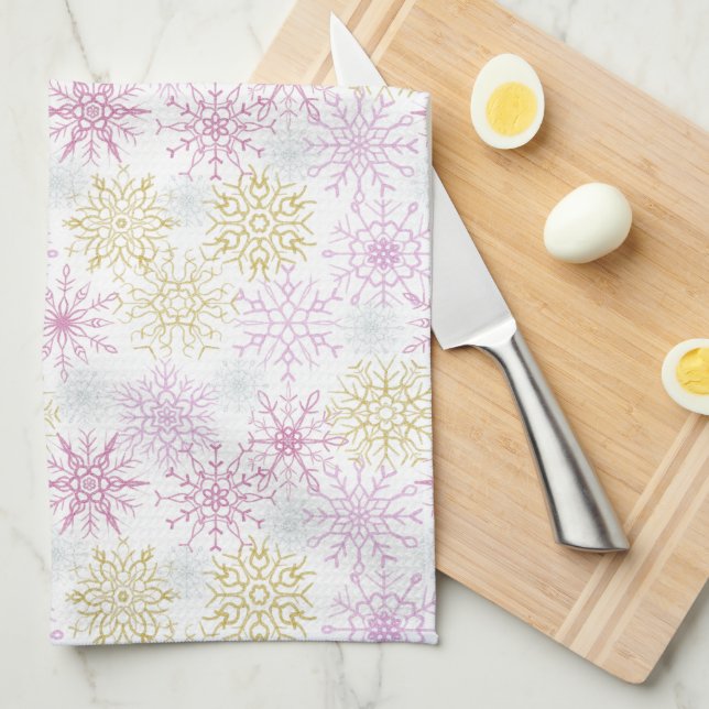Sparkling Pink Snowflakes Tea Towel (Quarter Fold)