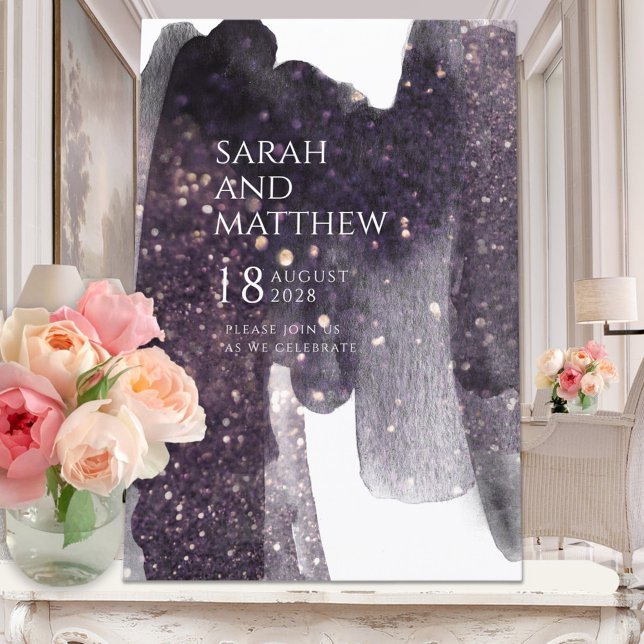 Sparkling Plum Watercolor Brushstrokes Wedding Inv Invitation (Creator Uploaded)