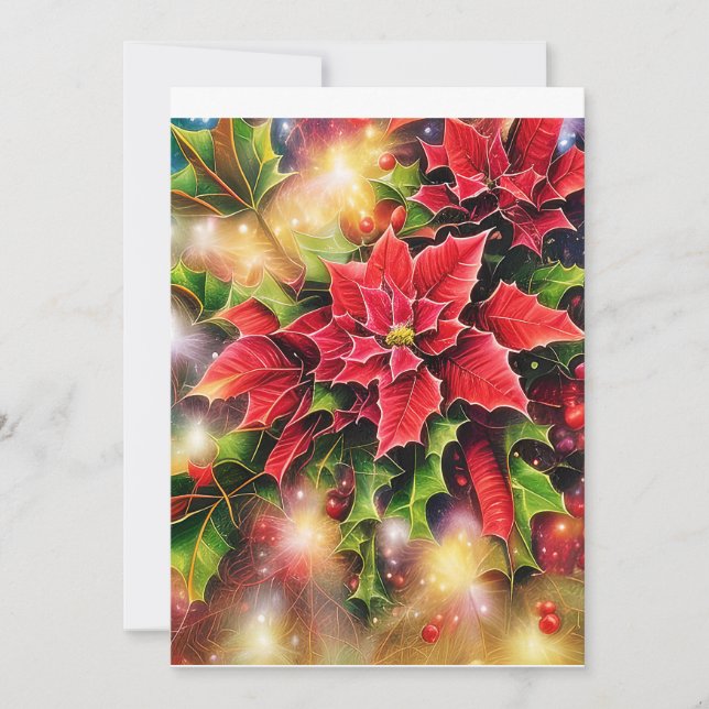 Sparkling poinsettia and holly budget Christmas Holiday Card (Front)