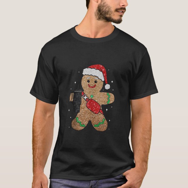 Sparkling Print Santa Gingerbread Man Merry Christ T-Shirt (Front)