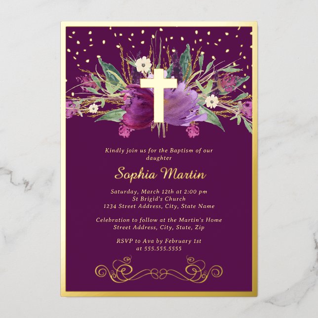 Sparkling Purple Amethyst Floral Cross Baptism (Front)