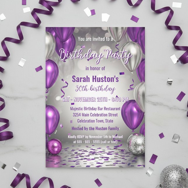 Sparkling Purple and Silver 30th Birthday Party Invitation (Creator Uploaded)