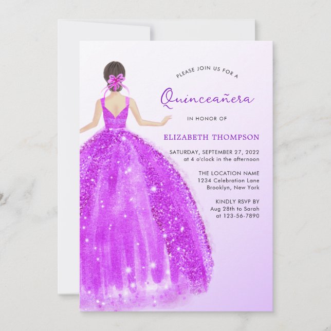 Sparkling Purple Dress Ombre Quinceañera Birthday Invitation (Front)