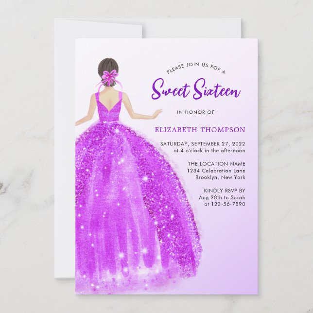 Sparkling Purple Dress Ombre Sweet 16 Birthday Invitation (Front)