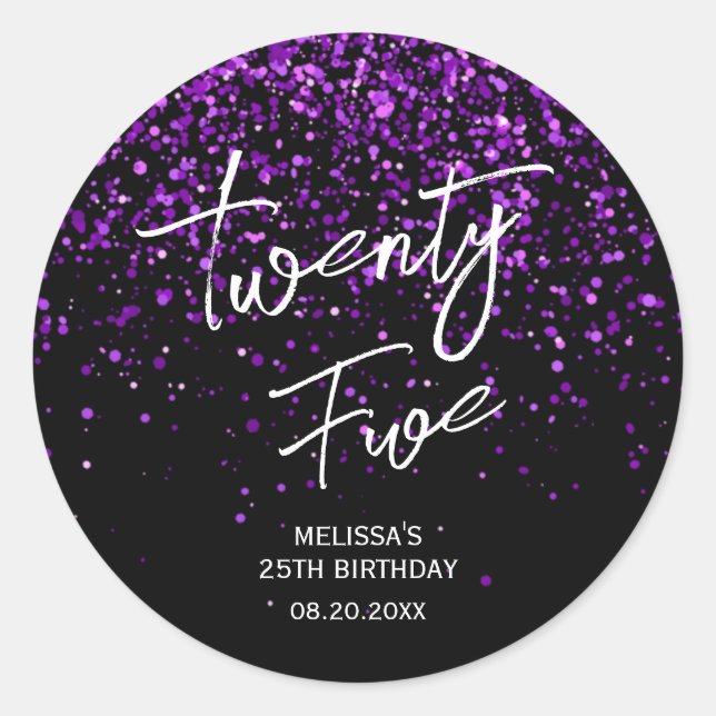 Sparkling Purple Glitter Black Any Age Birthday Classic Round Sticker (Front)