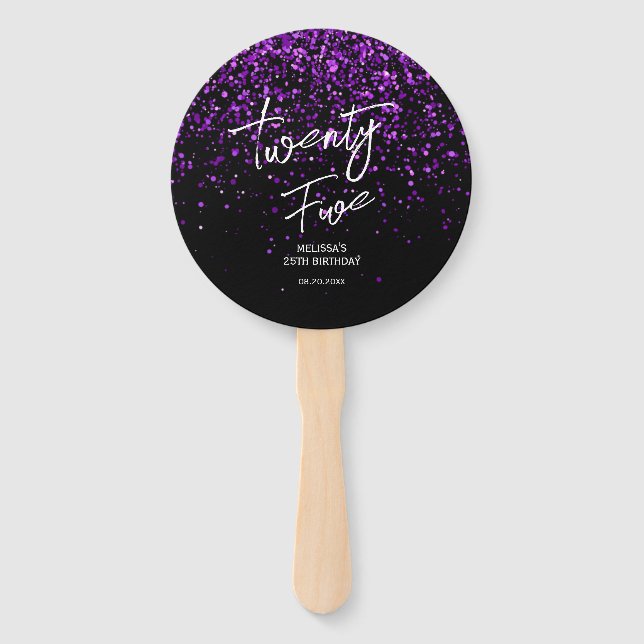 Sparkling Purple Glitter Black Any Age Birthday Hand Fan (Front)