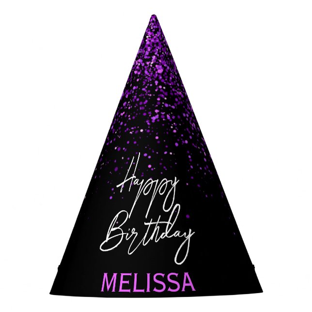 Sparkling Purple Glitter Black Any Age Birthday Party Hat (Front)