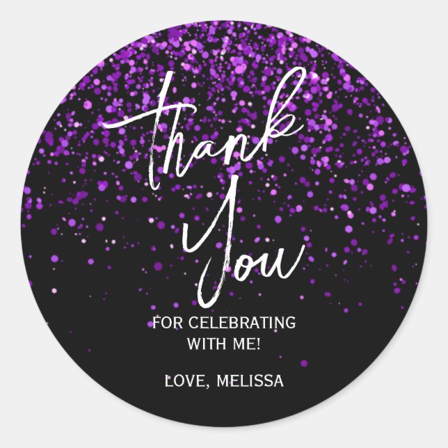 Sparkling Purple Glitter Black Birthday Thank You Classic Round Sticker (Front)