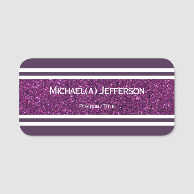 Sparkling Purple Glitter Crisp White Stripes Name Tag (Front)