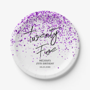 Sparkling Purple Glitter White Any Age Birthday Paper Plate