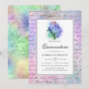 Sparkling Purple Roses and Damask Quinceañera Invitation