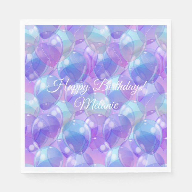 Sparkling Purple Teal Blue Birthday Party Balloons Napkin (Front)