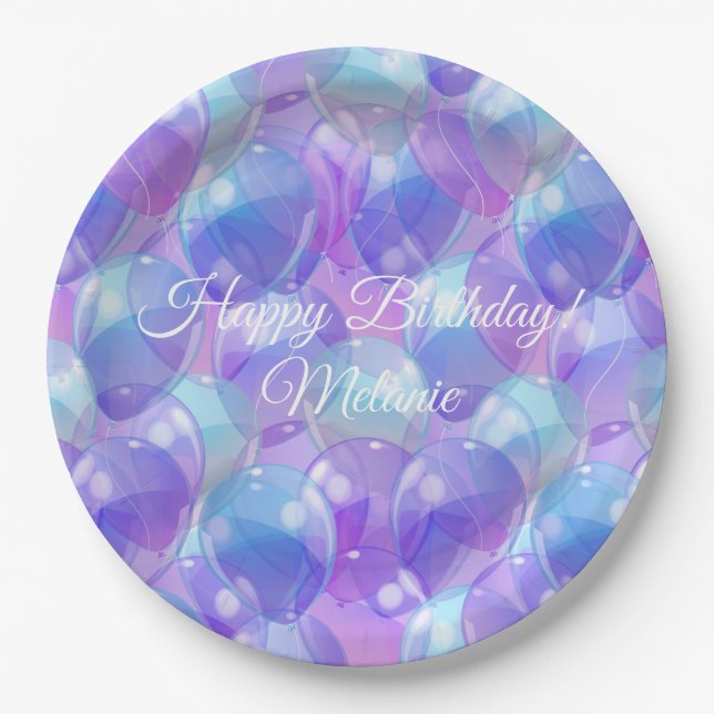 Sparkling Purple Teal Blue Birthday Party Balloons Paper Plate (Front)