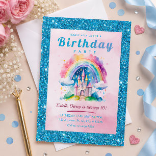 Sparkling Rainbow Castle Sweet 16 Birthday Party Invitation