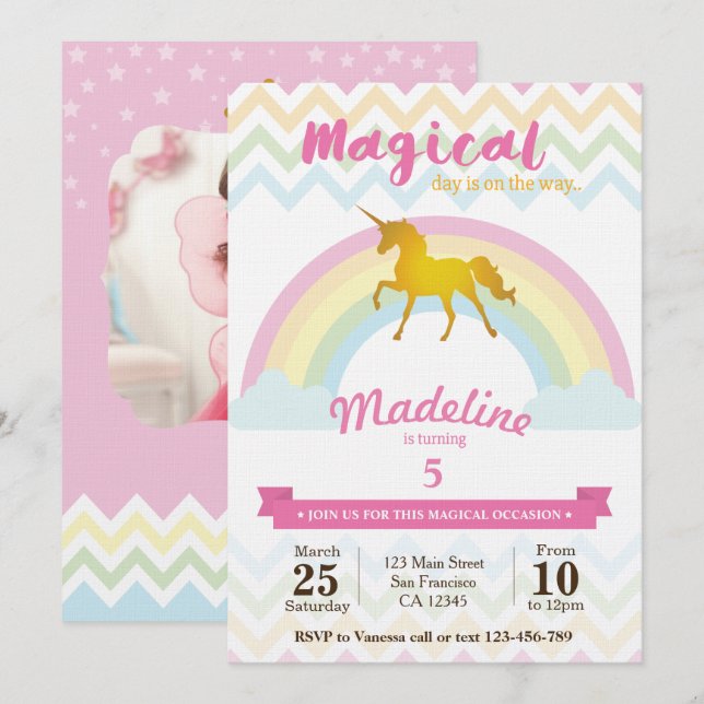 Sparkling rainbow unicorn birthday invitation (Front/Back)