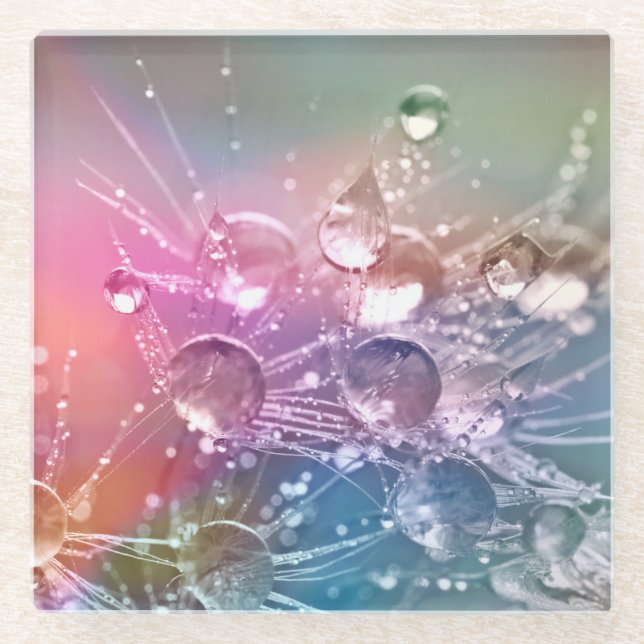 Sparkling Rainbow Water Drops Glass Coaster (Front)