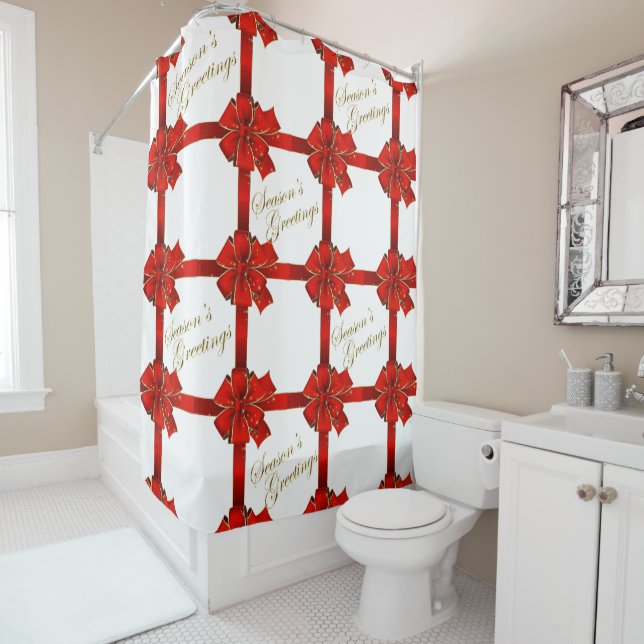 Sparkling Red Bow Season's Greetings Shower Curtain (In Situ)