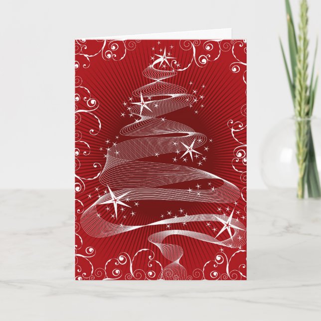 Sparkling Red Christmas Tree Abstract Swirls Chic Holiday Card (Front)