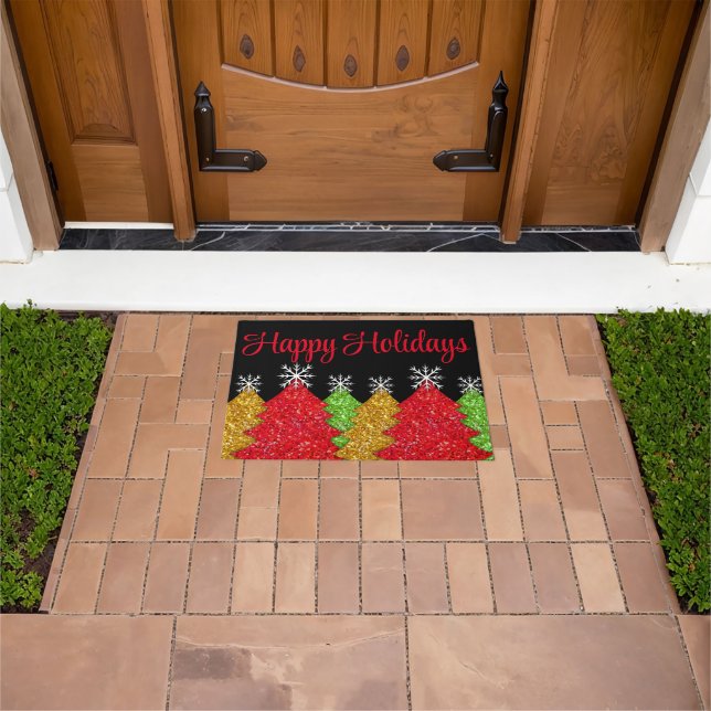 Sparkling red gold green Christmas tree snowflake Doormat (Outdoor)