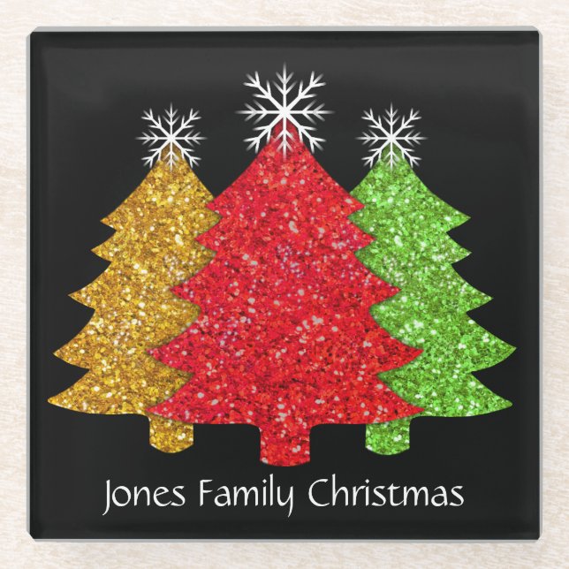Sparkling red gold green Christmas tree snowflake Glass Coaster (Front)