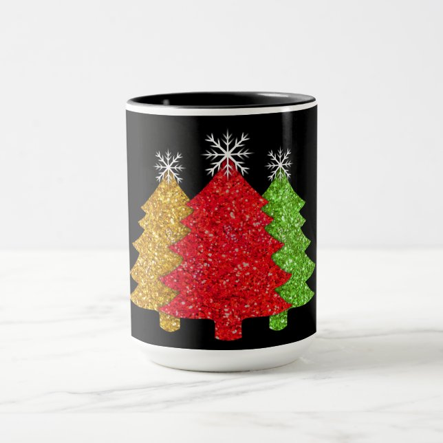 Sparkling red gold green Christmas tree snowflake Mug (Center)