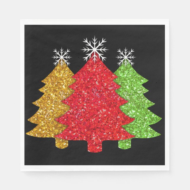 Sparkling red gold green Christmas tree snowflake Napkin (Front)