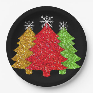 Sparkling red gold green Christmas tree snowflake Paper Plate