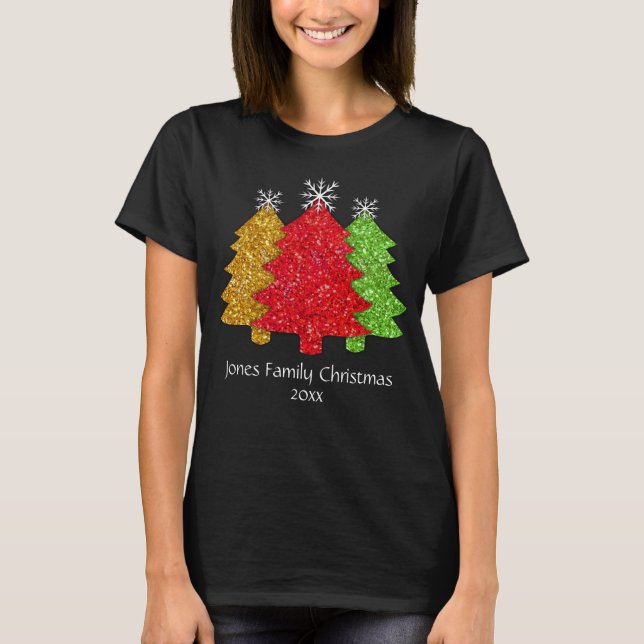 Sparkling red gold green Christmas tree snowflake T-Shirt (Front)
