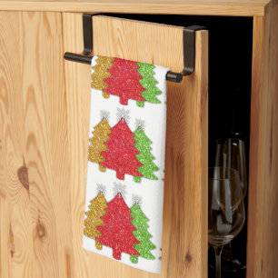 Sparkling red gold green Christmas tree snowflake Tea Towel