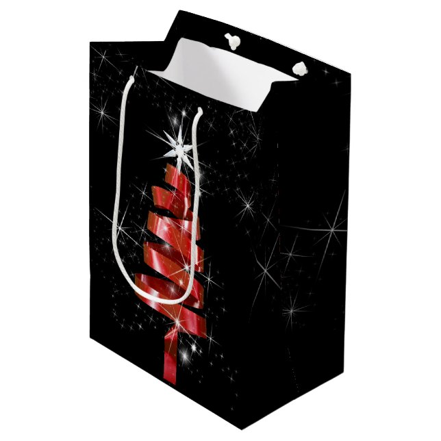 Sparkling Red Ribbon Christmas Tree Medium Gift Bag (Front Angled)
