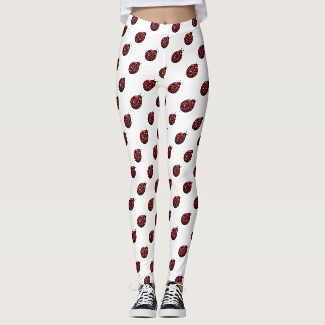 Sparkling red sparkles Ladybug pattern on white Leggings (Front)