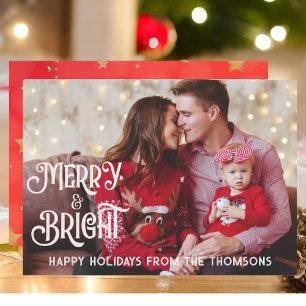 Sparkling Red Star Merry Bright Christmas  Holiday Card