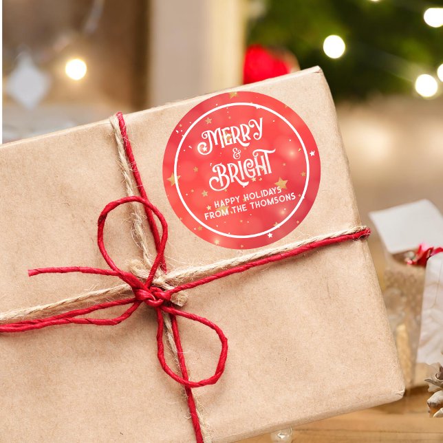 Sparkling Red Star Merry & Bright   Classic Round Sticker (Creator Uploaded)