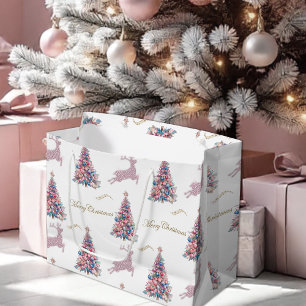 Sparkling Reindeer and Pastel Christmas Trees Pink Large Gift Bag