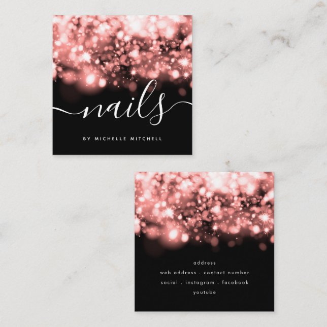 Sparkling Rose Gold Lights Nails Technician  Square Business Card (Front/Back)