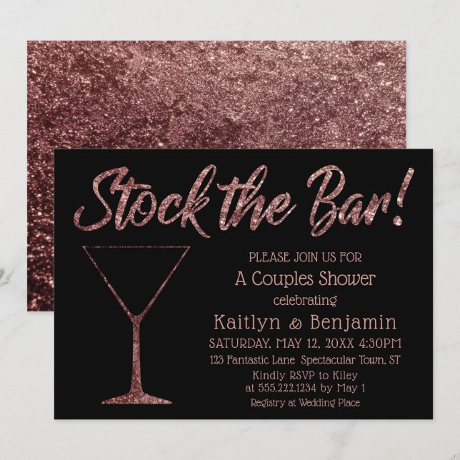 Sparkling Rose Gold Stock the Bar Couples Shower Invitation (Front/Back)