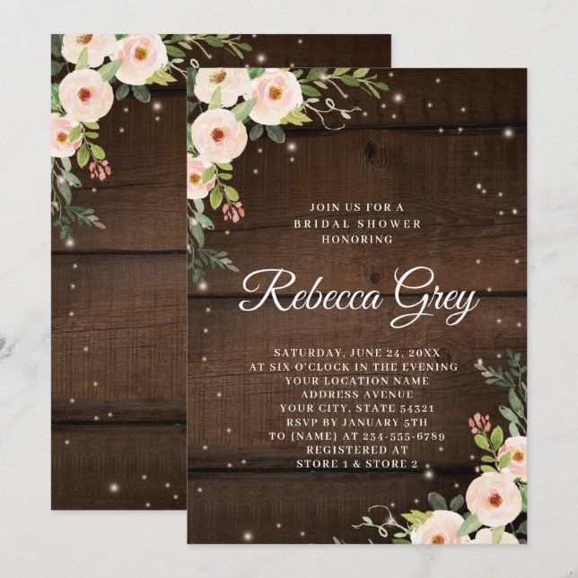 Sparkling rustic floral Wood Bridal Shower Invitation (Front/Back)