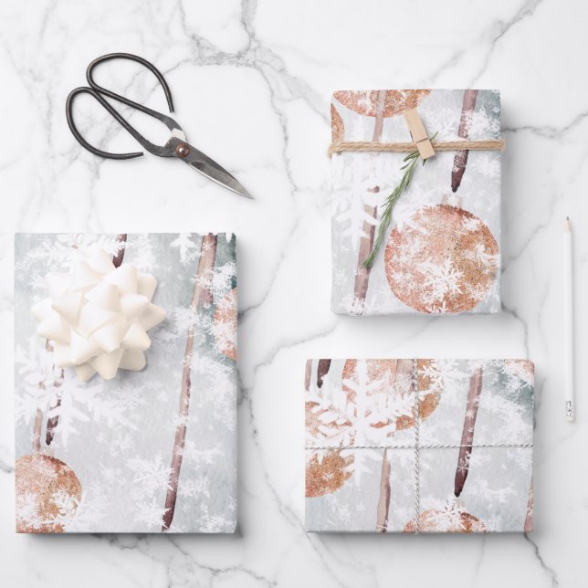 Sparkling Salmon Pink Ball Ornament Snowflakes Wrapping Paper Sheet (Front)