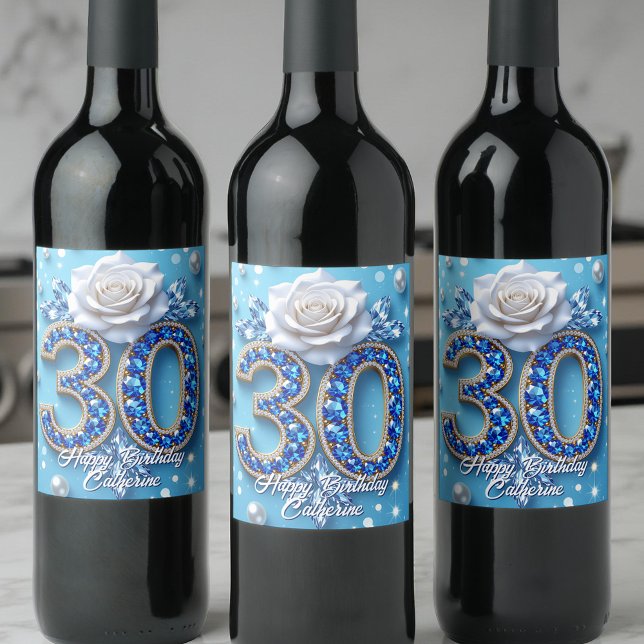 Sparkling Sapphire Diamond and Rose 30th Birthday Wine Label (Creator Uploaded)