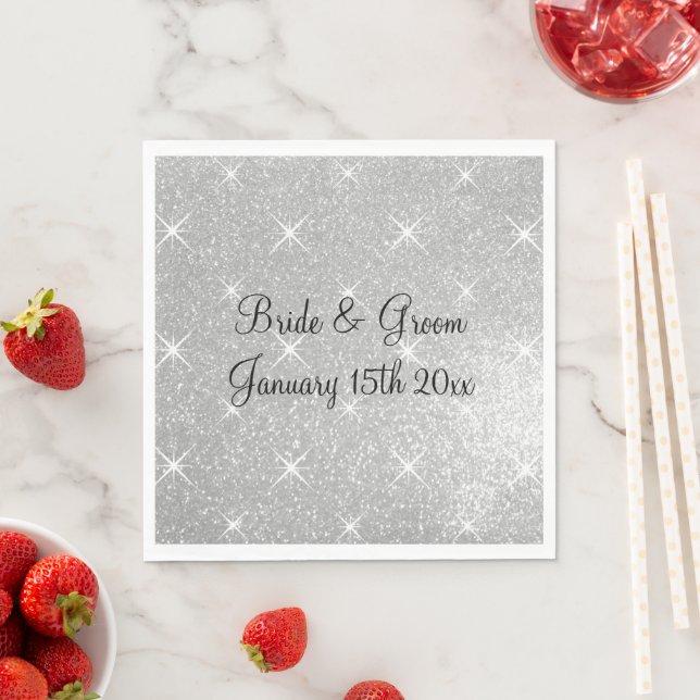 Sparkling silver glitter glitzy gala theme wedding napkin (Insitu)