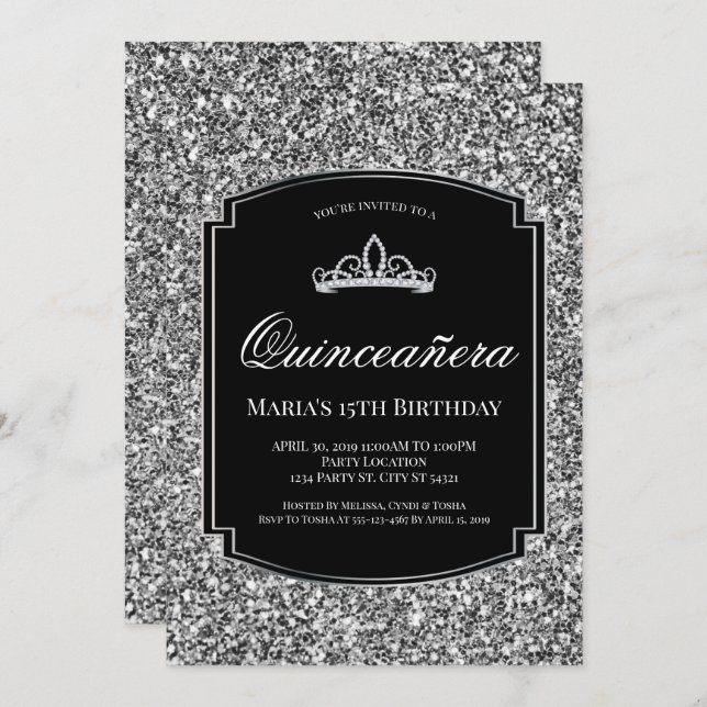 Sparkling Silver Glitter Quinceañera Invitations (Front/Back)