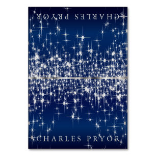 Sparkling Silver Stars on Blue Satin Name Cards