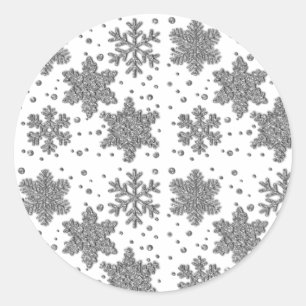 Sparkling silver tinsel snowflakes holiday pattern classic round sticker