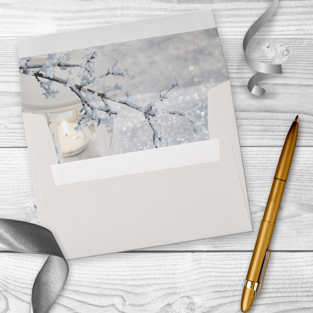 Sparkling Snow Lantern Ivory Ecru Wedding Envelope (Wedding envelope with tiny snow sparkles on a light ecru ivory background with a lantern with candle)