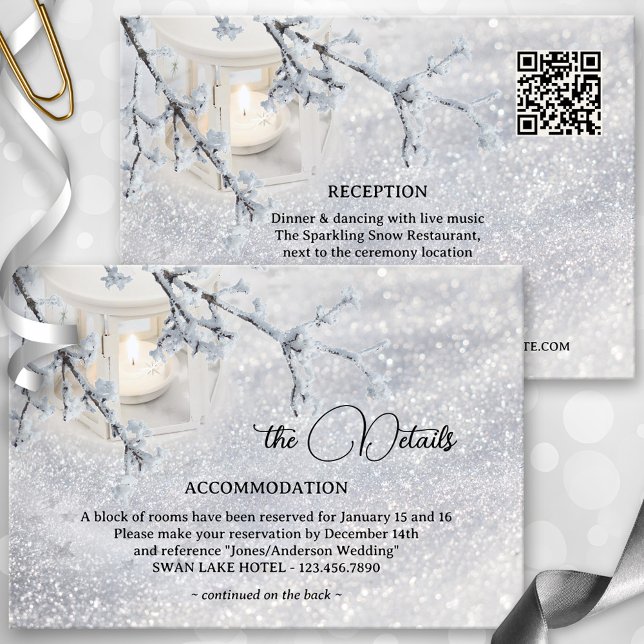 Sparkling Snow Lantern Winter Wedding  Enclosure Card (Winter wedding enclosure card featuring a lantern in a sparkling snow - details - registry - QR code)